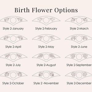 May include: A collection of twelve floral designs, each representing a birth month, arranged in a grid. Each design features a central circle and floral elements, with text indicating the month and style.