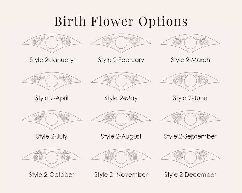 May include: A collection of twelve floral designs, each representing a birth month, arranged in a grid. Each design features a central circle and floral elements, with text indicating the month and style.