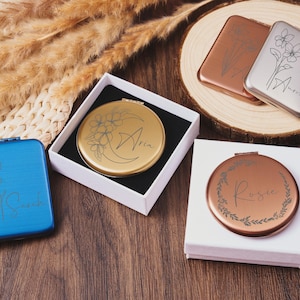 Personalized Bridesmaid Compact Mirror in Stainless Steel,Customized Birth Flower For Wedding Gift,Fancy Compact Mirror For Anniversary Gift