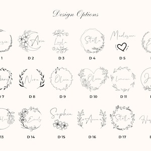 May include: A chart of 18 different design options for personalized items. Each design features a different name, floral wreath, or heart shape. The designs are labeled with numbers D1 through D18.
