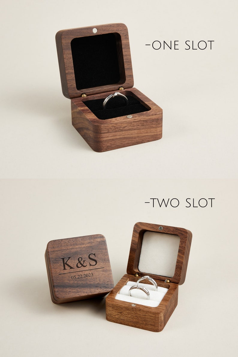 Caja de anillo de madera de diseñador con personalización, caja de anillo de compromiso grabada con nombre, caja de anillo de boda, regalo de aniversario, caja de anillo grabado imagen 2