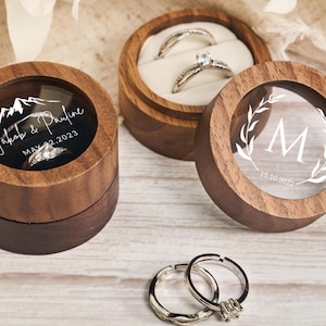 Caja redonda personalizada para anillos de boda para él, lujoso portaanillos doble con caja de madera para anillos de compromiso, caja de pendientes hecha a mano para propuesta de matrimonio.