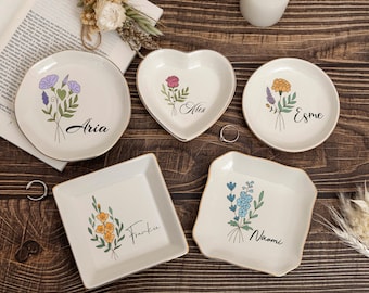 Personalised Ceramic Jewelry Dish, Birth Flower Ring Plate, Custom Trinket Tray, Wedding Gift for Bride & Bridesmaid, Keepsake Box