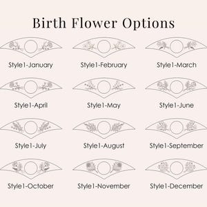 May include: An image displaying twelve floral designs, each representing a birth month. The designs are arranged in three rows of four, with the text "Birth Flower Options" at the top. Each design is labeled with the month and "Style 1".