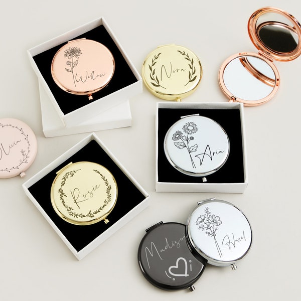 Gepersonaliseerde mooie compacte spiegel cadeau voor bruiloft, luxe zakspiegel voor bruidsmeisje geschenken, op maat gemaakte geboortebloem voor haar