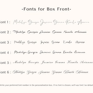 May include: Six different font styles are shown for the names Madelyn, Georgia, Jasmine, Gemma, Kamila, and Arianna.  The text "Write your preferred font number in the personalisation box. If no font is chosen, we'll use font 1 as default." is at the bottom of the image.