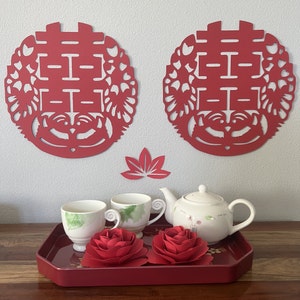 Double Happiness with Mandarin Ducks Cutout Sign - Red Chinese Tea Ceremony Sign | Chinese Wedding Decoration | ShuangXi 囍 | Love Birds