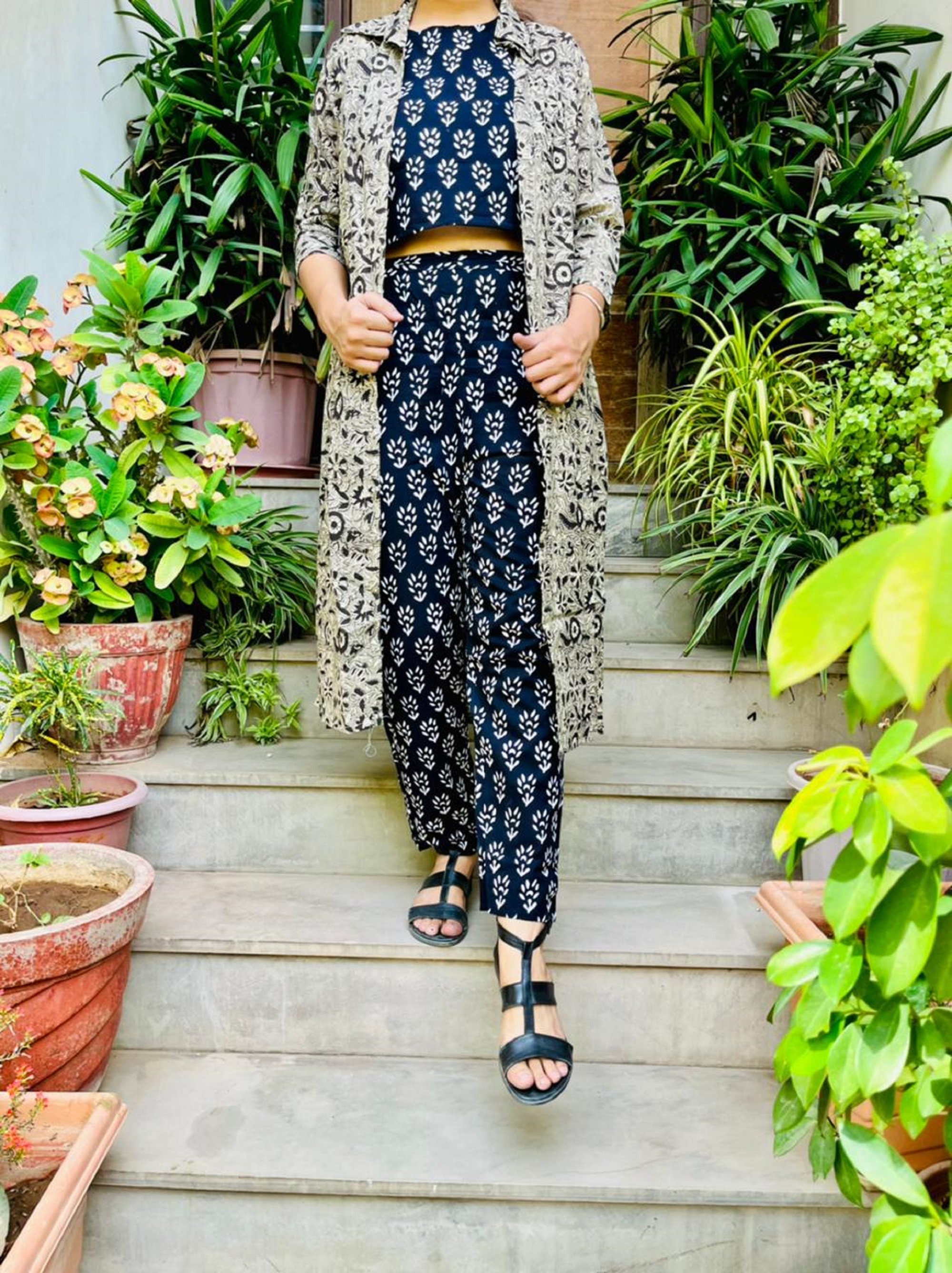 Women Printed Crop Top With Palazzo and Long Jacket Indo - Etsy