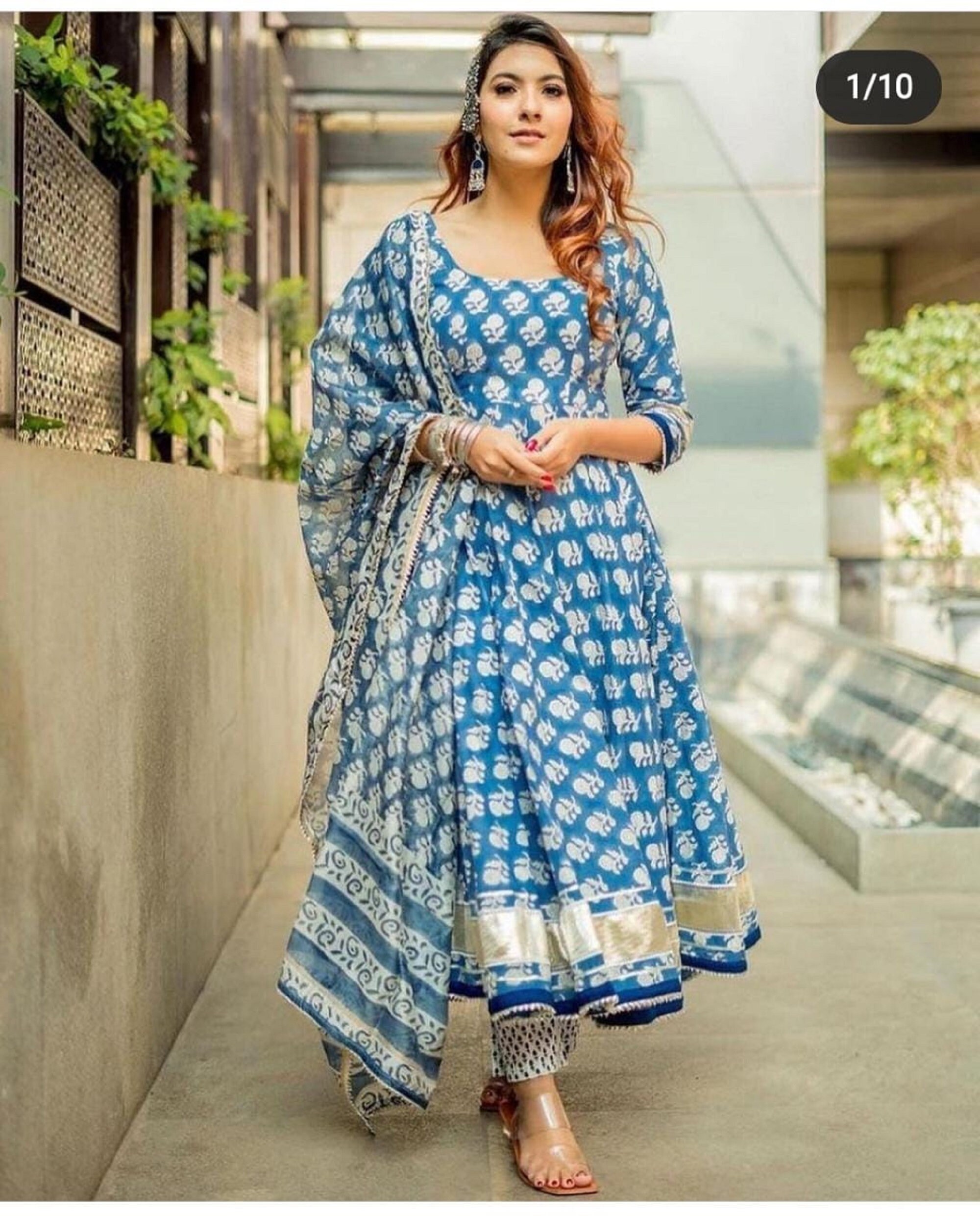 Heavy Muslin Silk Blue Salwar Kameez Suit Anarkali Bottom main image 1