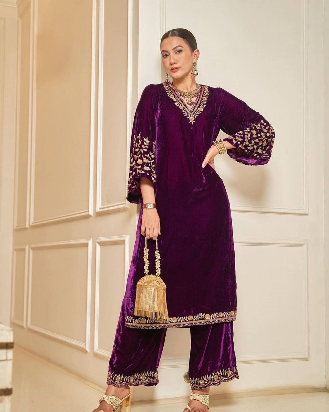 Indian Designer Heavy Velvet Wine Color Kurta Palazzo Set With Etsy
