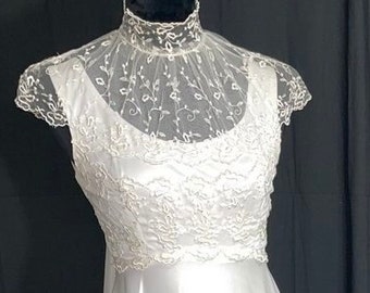 1980s High Neck Wedding Gown with Cape Style Train- S M