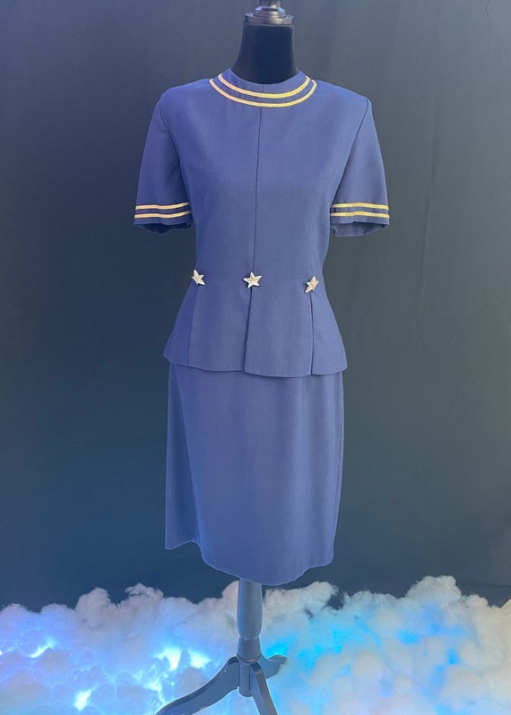 1980s Navy Peplum Midi Dress- M L