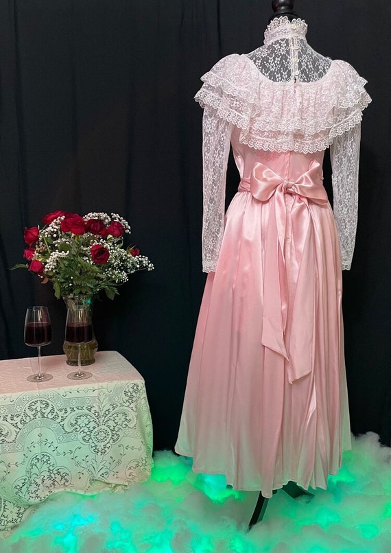 1980s Gunne Sax Pink Satin and Lace Dress- S - image 2