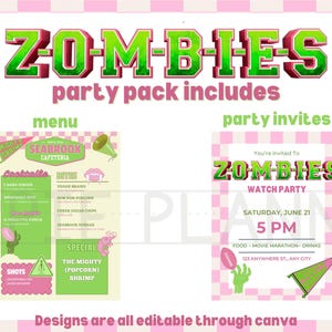 Może przedstawiać: Zestaw imprezowy w różowo-zielonej kolorystyce, z napisem "ZOMBIES" w dużych, trójwymiarowych literach. Zestaw zawiera menu z tematycznymi nazwami potraw i napojów oraz zaproszenia na imprezę ze szczegółami wydarzenia.