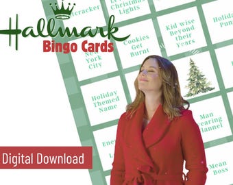 Może przedstawiać: Zielono-biała karta do bingo z napisem "Hallmark Bingo Cards" u góry. Karta zawiera różne pola z motywami świątecznymi, w tym "Christmas Lights", "Cookies Get Burnt", "Kid Wise Beyond Their Years", "Holiday Puns", "Holiday Themed Name", "Man Wearing Flannel" i "Mean Boss".