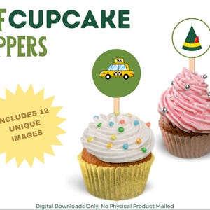 Könnte beinhalten: Bild von Elf-Cupcake-Toppern. Der Text lautet "ELFCUPCAKE TOPPERS" in Grün. Das Bild zeigt zwei Cupcakes mit dekorativen Toppern. Ein Cupcake hat weißes Frosting mit bunten Streuseln, der andere hat rosa Frosting mit silbernen Streuseln. Der Text lautet "INCLUDES 12 UNIQUE IMAGES".