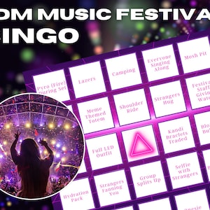 以下が含まれることがあります： 紫と白のEDMミュージックフェスティバルビンゴカード。コンサートの観客の円形画像があります。ビンゴカードには、「Pyro during Set」や「Selfie with Strangers」などのフレーズを含む正方形が含まれています。