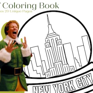 Puede incluir: Una página para colorear en blanco y negro con Buddy el Elfo de la película Elf, de pie con los brazos en alto. El fondo es un globo de nieve con un dibujo del horizonte de la ciudad de Nueva York, incluyendo el Empire State Building. El texto "NEW YORK CITY" está escrito en la base del globo de nieve.
