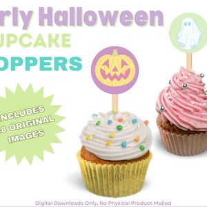 May include: Image of two cupcakes with Halloween-themed toppers. One cupcake has white frosting with colorful sprinkles, and the other has pink frosting with silver sprinkles. The toppers feature a pumpkin and a ghost. Text reads "Girly Halloween CUPCAKE TOPPERS".