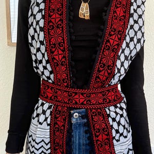Keffiyeh Vest with pom pom edges and red and black traditional tatreez | Red Tatreez Palestinian embroidery