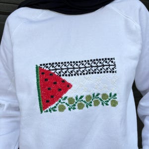 Hand Embroidered Crew neck | Made to order Palestinian flag olive watermelon tatreez embroidery | Hand made tatreez hoodie