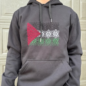 Unisex Hand Embroidered Black Palestinian hoodie | Palestine flag embroidered hoodie in Black | Palestinian Tatreez Hoodie Gift