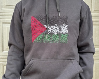 Unisex Hand Embroidered Black Palestinian hoodie | Palestine flag embroidered hoodie in Black | Palestinian Tatreez Hoodie Gift
