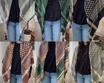 Palestinian Keffiyeh | Colored Kufiya | Multi-colored Keffiyeh scarves | Green, brown, blue, keffiyyeh scarves | Palestine Scarves |