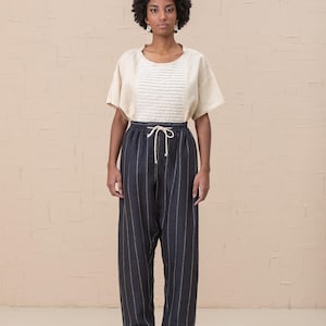 Linen striped pants, summer women elastic waist linen pants, boho trousers, wide leg pant, customized plus size pants, linen spring pant