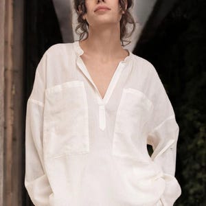 Gause top, long sleeve blouse, natural oversized clothing, white boho tunic, cotton tunic, polo tunic, white cotton blouse, summer top boho