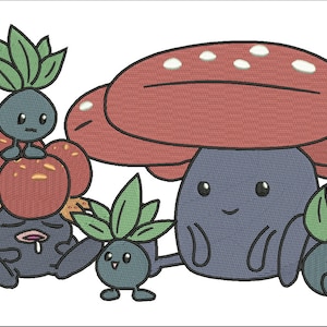 May include: Five cartoon mushroom-like characters with different expressions. The largest character is a purple mushroom with a red cap and white spots. The other four characters are smaller and have green leaves on top of their heads.