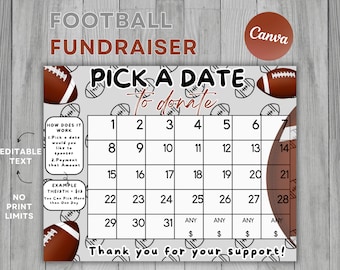 Editable Football Fundraiser Calendar, Pick A Date To Donate, Football Calendar Fundraiser, Football Fundraiser Template, Football Flyer