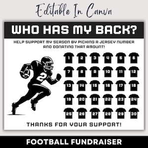 May include: Black and white illustration of a football player running with the text "Who Has My Back?" and "Football Fundraiser".  The image also includes a grid of 30 numbered football jerseys.