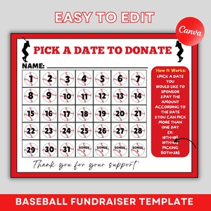 Baseball Calendar Fundraiser, Editable Pick a Date to Donate Baseball Fundraiser Calendar, 2025 Baseball Fundraising Canva Template