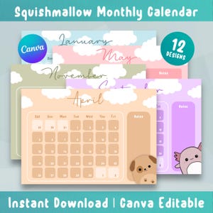 Puede incluir: Un conjunto de 12 plantillas de calendario mensual imprimibles con temática de Squishmallow. Cada calendario tiene un fondo de color diferente y un lindo personaje de Squishmallow. Los calendarios están diseñados para usar con Canva y están disponibles para descargar instantáneamente.