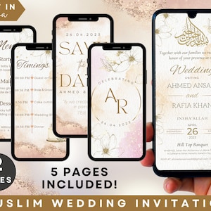 Bearbeitbare digitale muslimische Hochzeitseinladungsvorlage, Islamische Hochzeitseinladung, Nikkah Walimah Shaadi Baraat bearbeitbare eInvite, 4 Pg, Canva