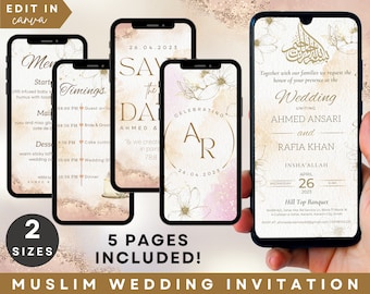 Modèle d'invitation de mariage musulman numérique modifiable, faire-part de mariage islamique, Nikkah Walimah Shaadi Baraat modifiable eInvite, 4 Pg, Canva