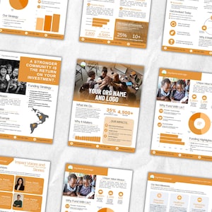 Könnte beinhalten: Eine Sammlung von Informationsflyern in Orange und Weiß. Die Flyer enthalten Text, Diagramme und Bilder, darunter der Text "Your Org Name and Logo" und "A stronger community is the return on your investment."