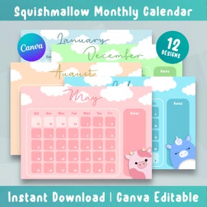 Puede incluir: Un conjunto de 12 plantillas de calendario mensual imprimibles con una vaca y un unicornio de dibujos animados lindos. Los calendarios están diseñados con un esquema de color rosa pastel, azul y verde y presentan un fondo de nubes. El texto "Squishmallow Monthly Calendar" y "Canva Editable" es visible en la parte superior e inferior de la imagen.
