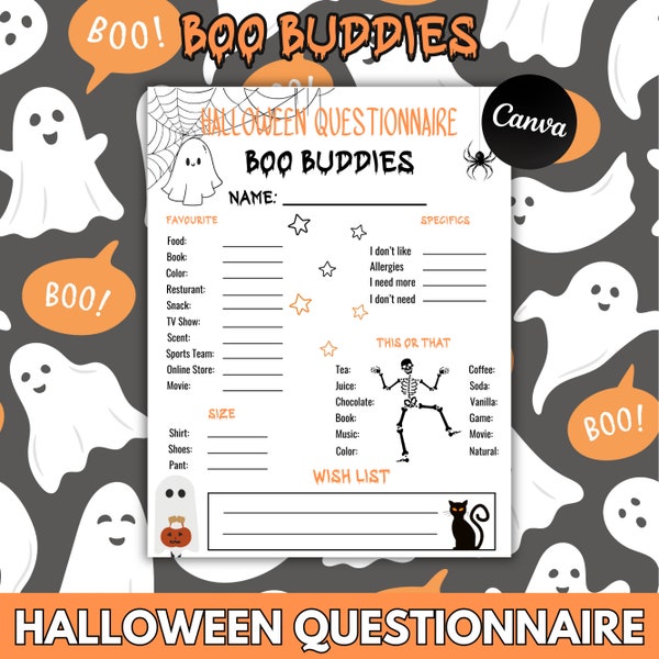 Boo-Korb-Fragebogen, Halloween-Boo-Buddy-Geschenk-Austausch, druckbare You've Been Booed Form, Fragebogen für gruseligen Spaß mit Freunden