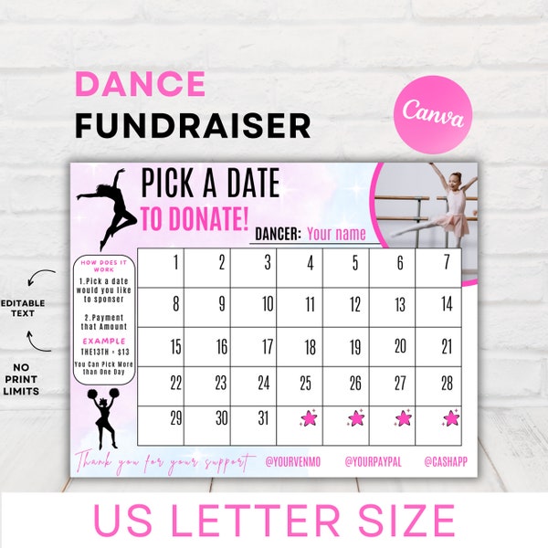 Editable Dance Template Pick a Date to Donate Fundraiser, Fill My Dancer, Dance Fundraiser, Pink Fundraiser, Dance Competition Fundraiser