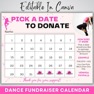 Dance Fundraiser Calendar, Dance Calendar Fundraiser, Pick a Date To Donate, Dance Fundraiser Template, Cash Calendar Fundraiser,Dance Flyer