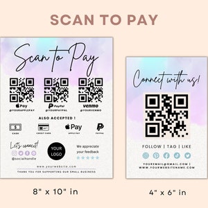 May include: A scan to pay card with a watercolor background. The card includes QR codes for Apple Pay, PayPal, and Venmo. It also includes icons for cash, credit card, Apple Pay, and PayPal. The card also includes a section for social media and a logo. The card is 8 inches by 10 inches.
