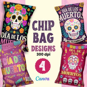 Bearbeitbare Chip-Beutelvorlage, Dia de los Muertos Party Favors, Zuckerschädel Leckerlibeutel, Fiesta Feier Dekor Digital