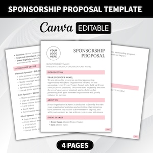 Sponsorship Proposal Template, Fundraiser Forms, Printable Sponsorship Proposal, Sports Team Sponsorship Package, Canva Editable