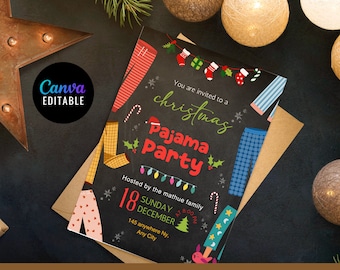 Christmas Pajama Party Invitation, Holiday Invitation Template, Pj Pajama Party Invitation, Canva Template, Instant Download Digital