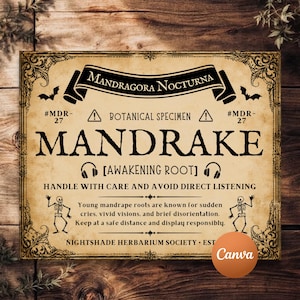 May include: A rectangular sign with a vintage parchment background featuring black text and graphics. It reads Mandragora Nocturna, Mandrake, Awakening Root, and includes illustrations of two bats, two skeletons, and two pairs of headphones.