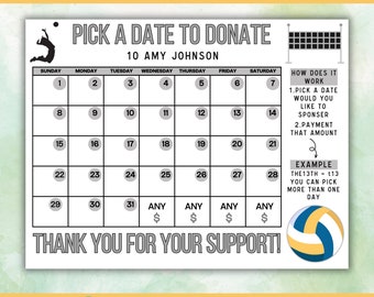 Volleyball Fundraising Calendar, Pick a Date Donation Volleyball Calendar Fundraiser Template 8.5x11 Canva Template Digital Download