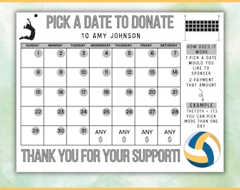 Volleyball Fundraising Calendar, Pick a Date Donation Volleyball Calendar Fundraiser Template 8.5x11 Canva Template Digital Download