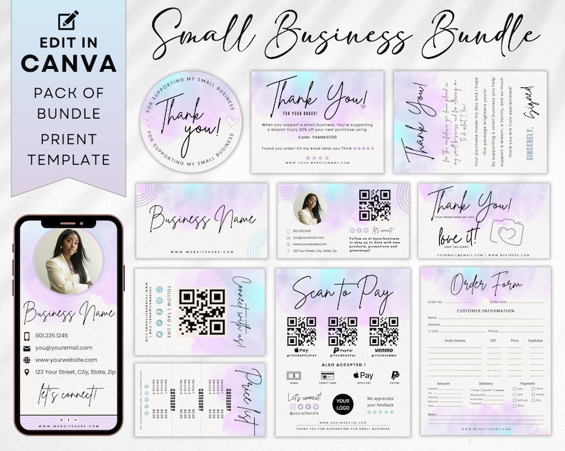May include: A set of printable templates for small businesses, featuring a watercolor background in shades of pink and blue. The templates include a thank you card, a business card, a price list, a scan to pay card, and an order form. The text "Thank You!" appears on several of the templates.